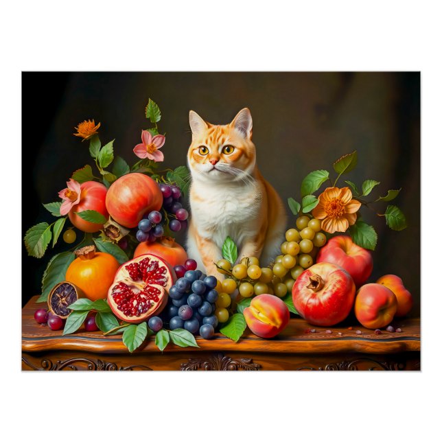 Pôster Gato Doméstico Entre Frutas e Flores (Frente)