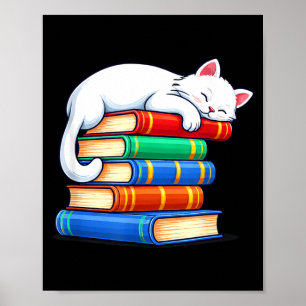 Poster Gato dormindo e livros fofos engraçados aconchegan