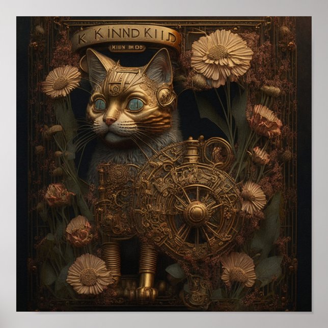 Poster Gato Dourado Gótico Steampunk (Frente)