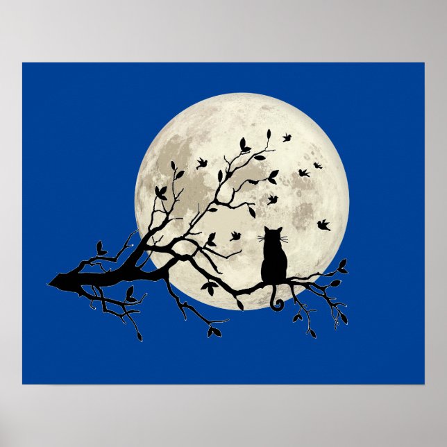 Poster Gato e Aves com Silhueta de Árvore e Lua Cheia (Frente)