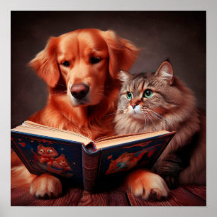 Poster Gato e cão lendo um livro