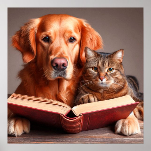 Poster Gato e cão lendo um livro (Frente)