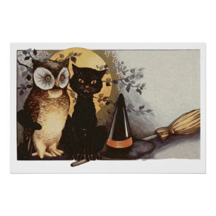 Pôster Gato e Coruja Pretos do Halloween
