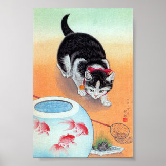 Poster Gato e Fishbowl - Ohara Koson, mantido