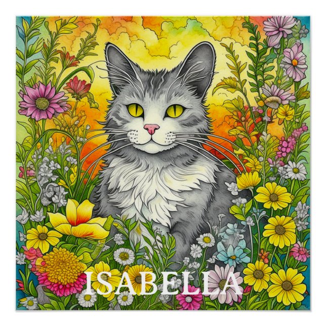 Pôster Gato e Flores Caprichosos Personalizados (Frente)