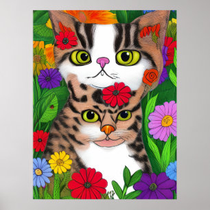 Poster Gato e Gatinho Caprichosos Arte Folclórica Colorid