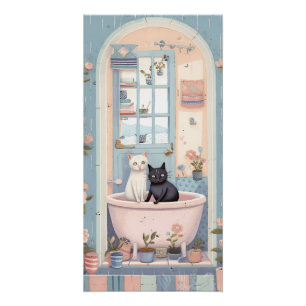 Pôster Gato e Gatinho Fofo Retrô no Banho