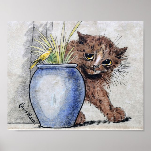 Poster Gato e Pássaro Pequeno Amarelo, Louis Wain (Frente)