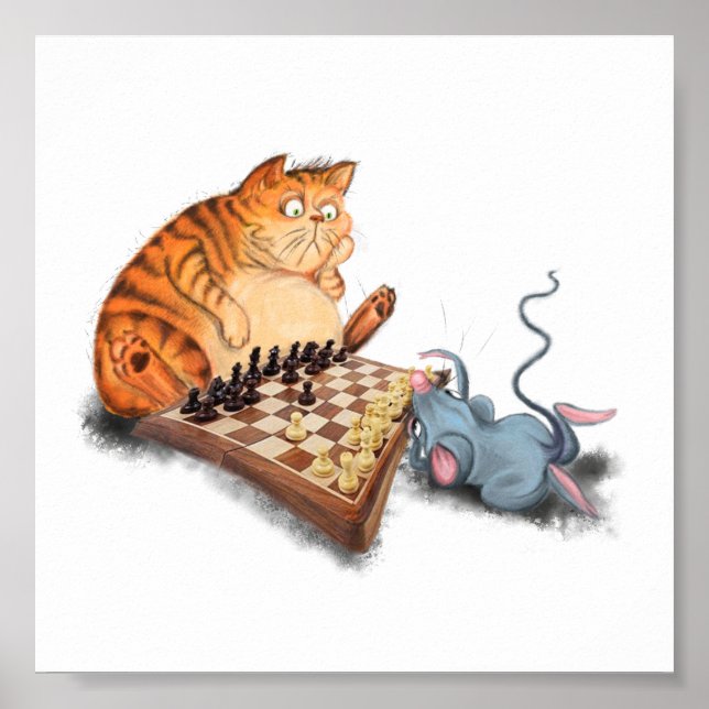 Poster Gato e Rato Tocando Cartoon de Xadrez Engraçando E