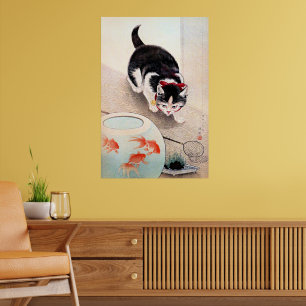 Poster Gato e Tigela de Peixes Vermelhos