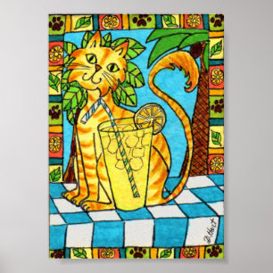 Pôster Gato e Vidro Amarelo de Limonada Mini Arte Foliar
