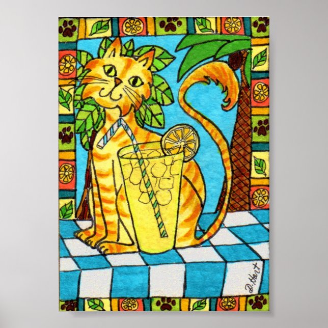 Pôster Gato e Vidro Amarelo de Limonada Mini Arte Foliar (Frente)