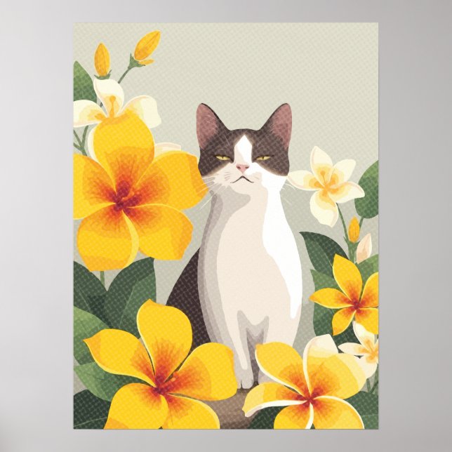 Poster Gato Elegante com Flores de Plumeria Amarelas (Frente)