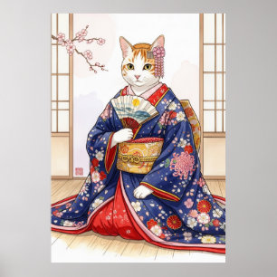 Poster Gato Elegante em Quimono Japonês Tradicional Fofo