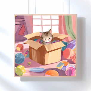 Poster Gato em Caixa de Papelão Gatinho Gato Aquarela