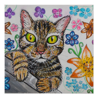 Pôster Gato em fundo floral Cartaz Brilhante