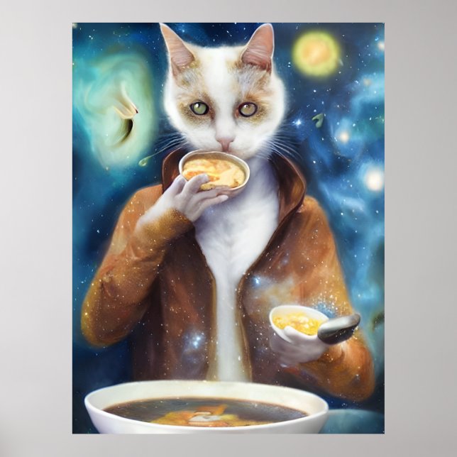 Poster Gato em macacão comendo sopa feita de galáxias (Frente)