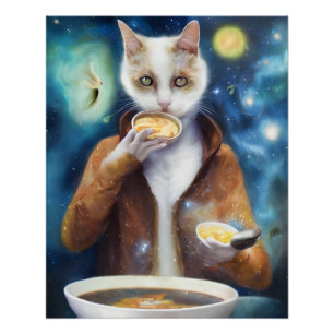 Pôster Gato em macacão comendo sopa feita de galáxias p