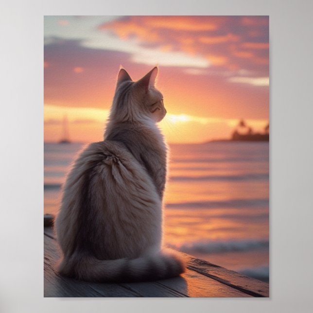 Poster Gato em um cais com um pano de fundo sunset e oceâ (Frente)