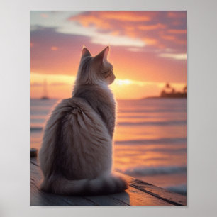 Poster Gato em um Pier com um Pôr do Sol e Fundo Oceânico