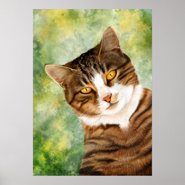 Poster Gato em uma árvore desenhando amarelo verde (Frente)
