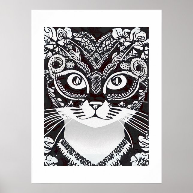 Poster Gato em uma Máscara Mardi Branca e Preta (Frente)
