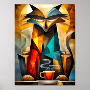 Poster Gato Encantador - Filósofo Cubista com Café