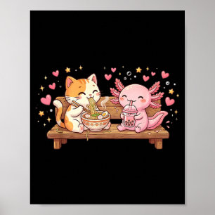 Poster Gato Engraçado Axolote Comendo Ramen Boba Kawaii