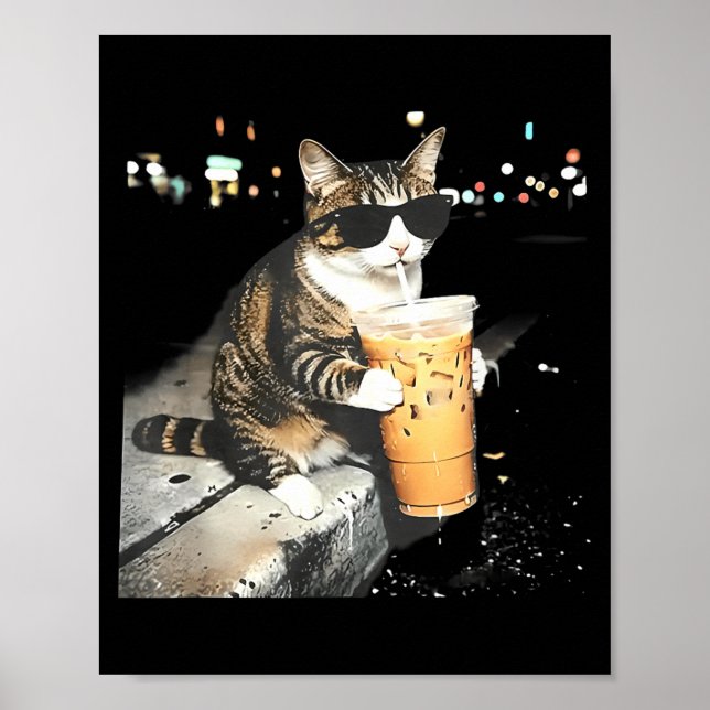 Poster Gato engraçado bebendo café gelado (Frente)