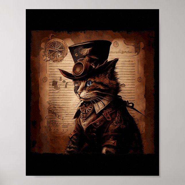 Poster Gato Engraçado Caubói Steampunk (Frente)