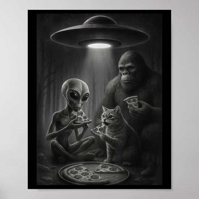 Poster Gato Engraçado Com Alienígena E Pizza De Comida De (Frente)