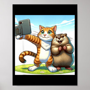 Poster Gato engraçado do Dia do Groundhog tirando selfie