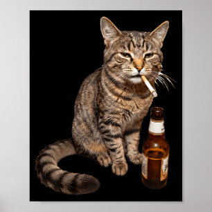 Poster Gato engraçado fumando bebendo cerveja meme estúpi