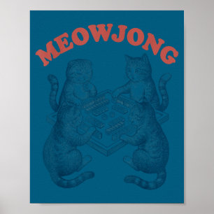 Poster Gato engraçado meowjong jogando mahjong retrô