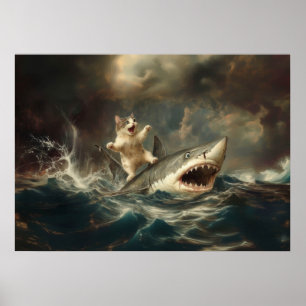 Poster Gato Engraçado Montado em Tubarão