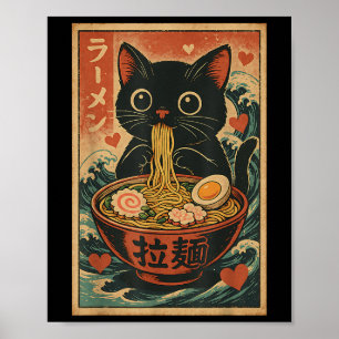 Poster Gato Engraçado Ramen Graphic Tee Japonês Anime Kaw