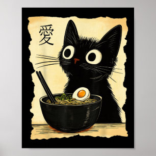 Poster Gato Engraçado Ramen Graphic Tee Japonês Anime Kaw