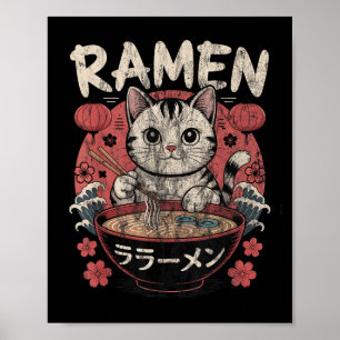 Poster Gato Engraçado Ramen Graphic Tee Japonês Anime Kaw