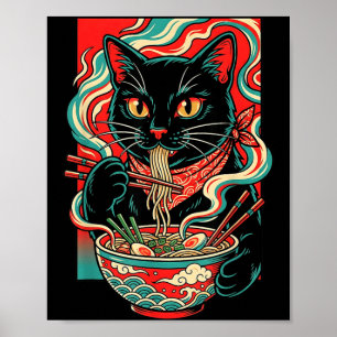 Poster Gato Engraçado Ramen Japonês Gráfico Kawaii Retro