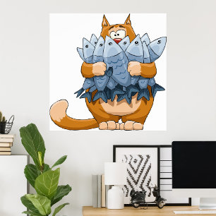 Poster Gato Engraçado Segurando Peixe Cartoon Gatinho Fam