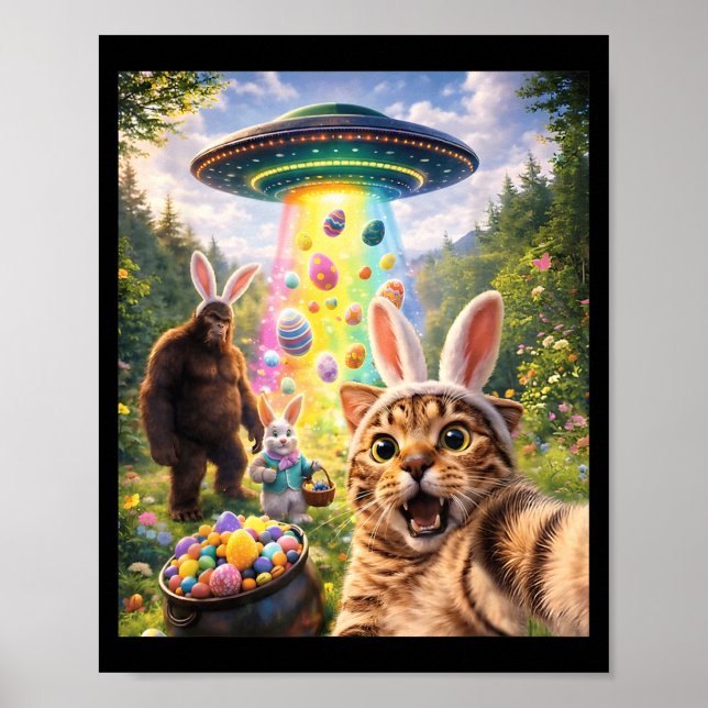 Poster Gato Engraçado Selfie com Orelhas de Coelho de Pás (Frente)