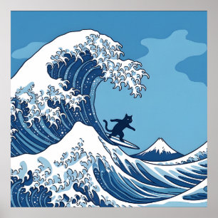Poster Gato Engraçado Surfando a Grande Onda de Kanagawa