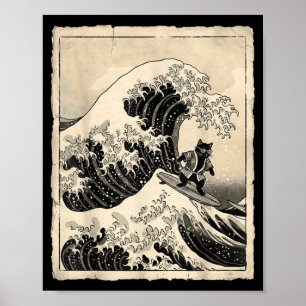 Poster Gato Engraçado Surfando Arte Japonesa Gatinho Anim