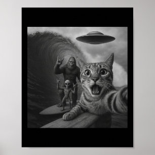 Poster Gato engraçado surfando selfie com Ufo onda gigant