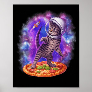 Poster Gato Engraçado Voando Um Astronauta De Pizza No Es