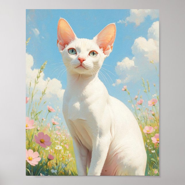 Poster Gato Esfinge Branco e Flores (Frente)