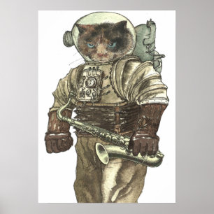 Poster Gato espacial com saxofone