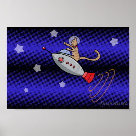 Poster Gato espacial em um Rocketship Retro
