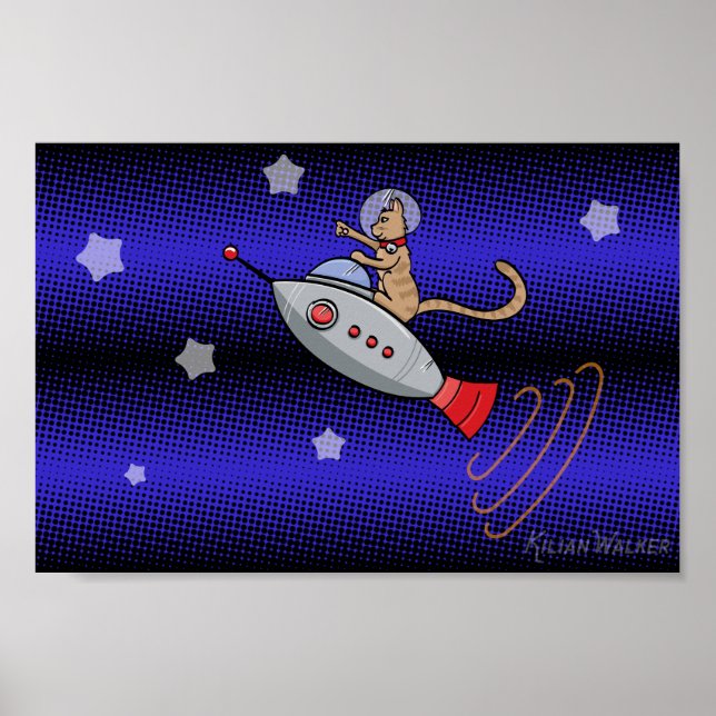 Poster Gato espacial em um Rocketship Retro (Frente)
