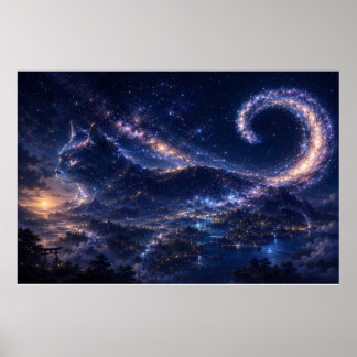 Poster Gato Espírito Celestial Sob a Lua da Galáxia